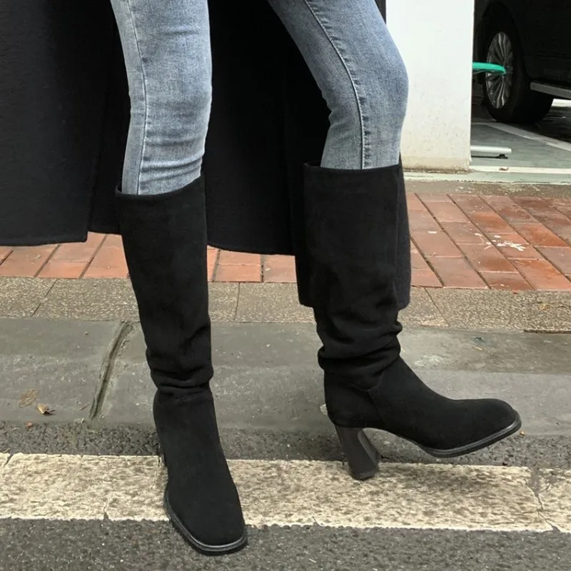 

2020 winter women's knee western boots cow suede material thigh high boots square toe thick high heel women's shoes for women