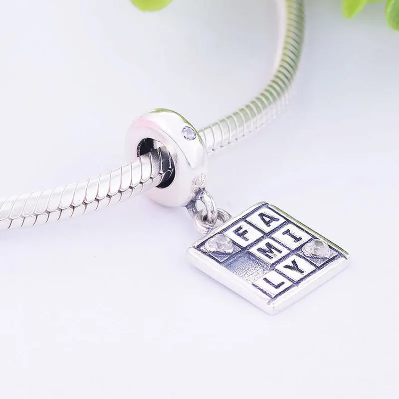 Genuine 925 Sterling Silver Sqaure Puzzle Family Heart Shape Zircon Bead Fit Original Pan Charm Bracelet Making Kid Berloque | Украшения и