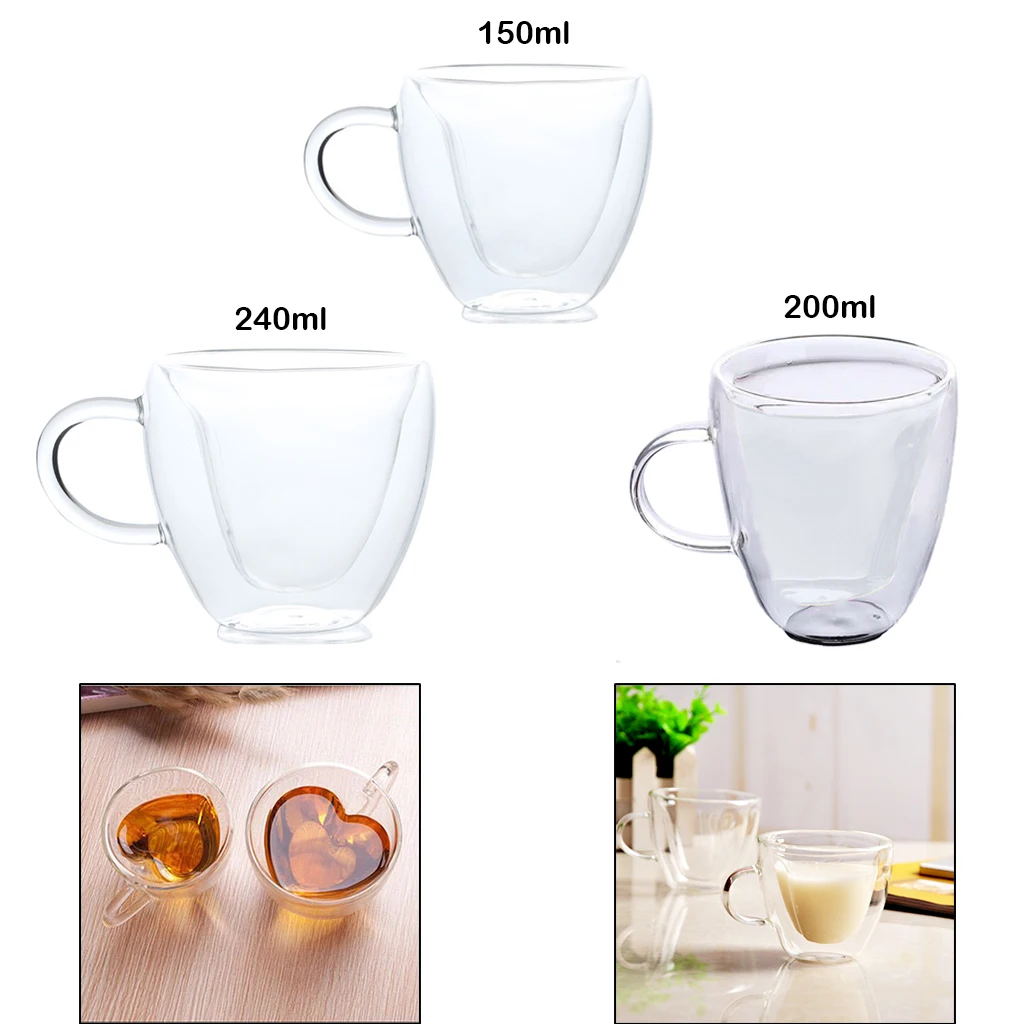 

Clear Glass Coffee Mugs Double Walled Tea Cups for Milk Beverage w/ Handle