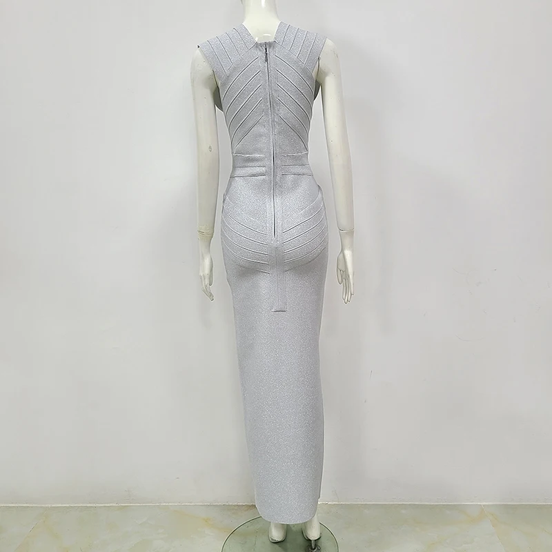 

Bandage Party Dress Grey Sexy V Neck Casual Slim High Split Women Sleeveless Summer Femme French Vintage Vestido Long Robe