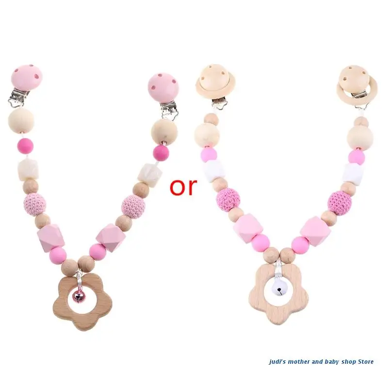 

67JC Wooden Music Rattle Animal Star Mobile Holder Teething Pendant Wooden Gym Rodent Silicone Beads Necklace Clip Stroller