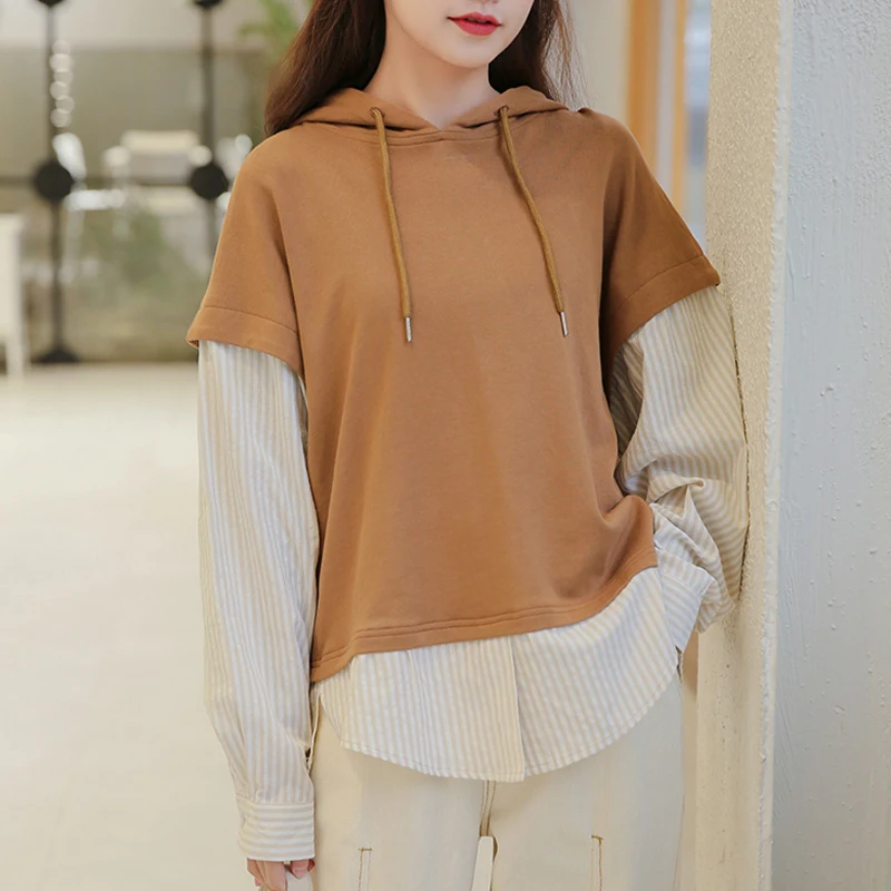 Новинка Осень-зима 2019 свитшот с капюшоном в полоску имитацией двух предметов