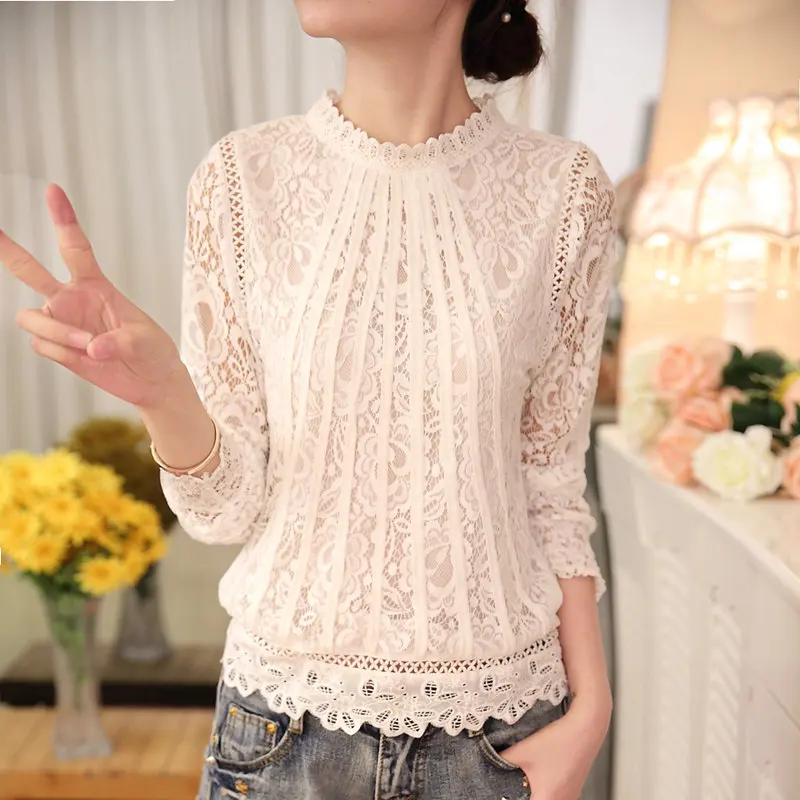 

Spring Autumn New Ladies White Blusas Women's Long Sleeve Chiffon Lace Crochet Tops Blouses Women Clothing Feminine Blouse 51C