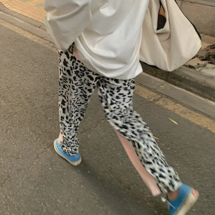 

Non-mainstream Leopard Print Stitching Wide-Leg Pants Women's Korean Ins Fashion Personality Trendy Fried Street High Waist