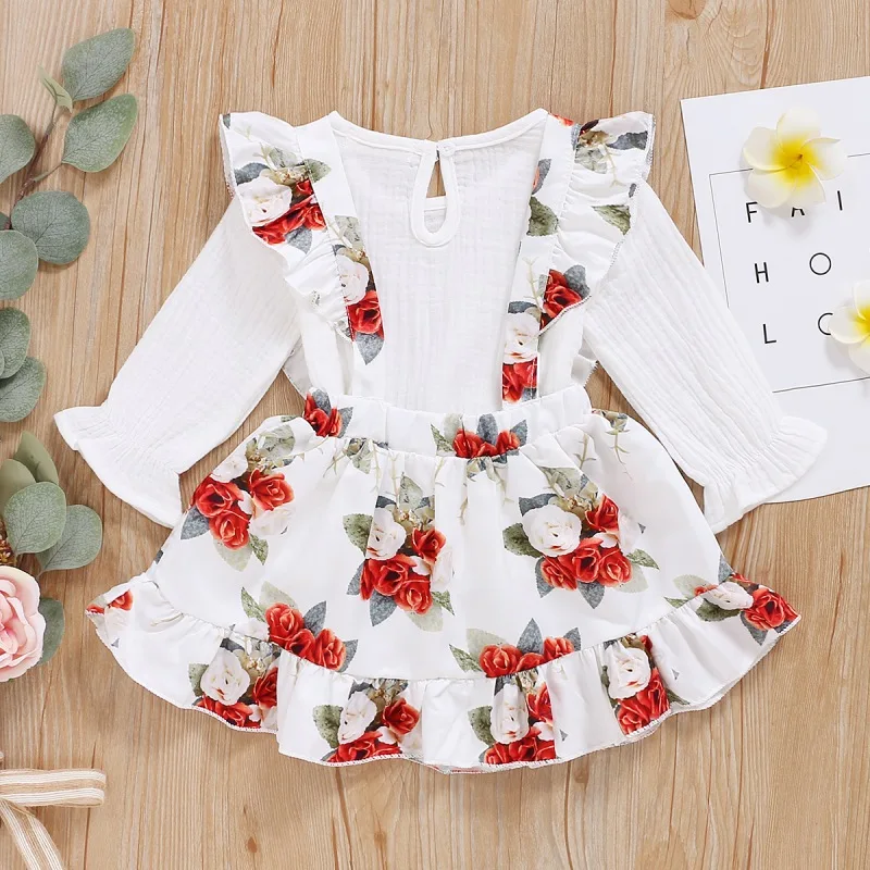 

Autumn Baby Girl Long Sleeve Solid Color T-shirt Blouse Floral Strap Skirts Casual Outfits Set