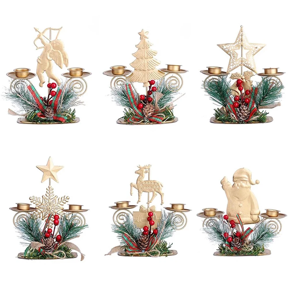 

Christmas Candle Holder Lantern Wrought Iron Santa Claus Elk Snowflake Candlestick New Year Table Christmas Decoration