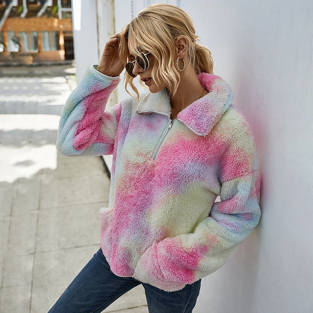 

Женские толстовки с принтом Tie Dye, свитшоты, Пуловеры на молнии с отложным воротником, свитшот, корейский плюшевый худи с длинным рукавом, жен...