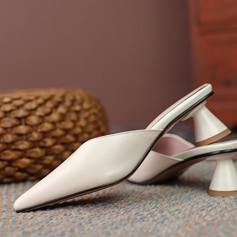 

Fashion Women Mules genuine Leather Strange High Heels slippers For Women Wedding Party Pointed Toe Shoes Woman large size 34-43