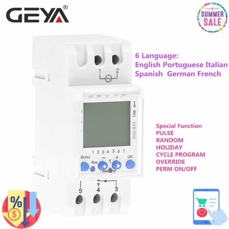 GEYA THC-811 Din Rail 24 часов цифровой таймер с литиевой Батарея 6 Язык еженедельно таймеры