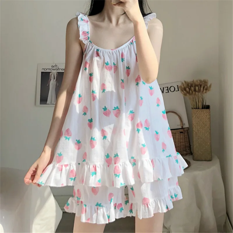 

XIFER New Summer Korean Women Sling Strawberry Pajamas Pure Cotton Student Sweet Princess Style Home Service Suit