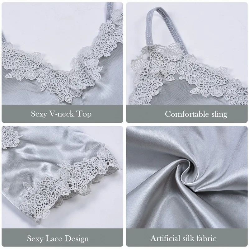 

Pajama Set Women Lace Trim Ice Silk Sexy European And American Suspender Skirt Shorts 2 Pieces Solid Color Sleep Lounge Pyjama