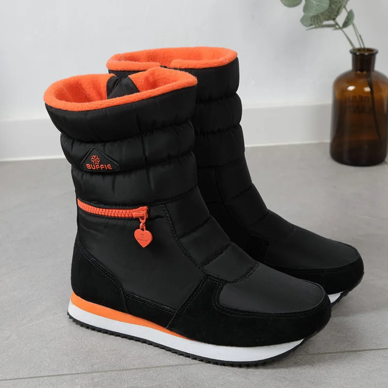 Black orange Г. Новые женские зимние ботинки Водонепроницаемая Нескользящая зимняя обувь женские зимние ботинки на толстом меху Большие размеры 35-41, для-40 градусов - Цвет: Black orange