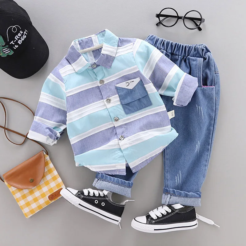 

Children Clothing Toddler Boy Clothes Outfits Kids Clothes Stripe Print Top+Denim Casual Suits For Boy Clothing 2019 Autumn Set