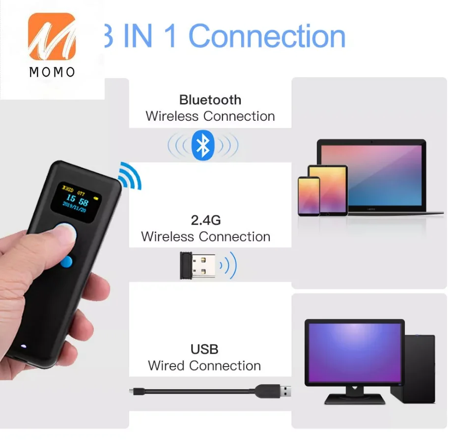 m8 1d 2d barcode scanner portable handheld mini bluetooth scanner 2 4g wireless with display for expressman mobile phone qr free global shipping