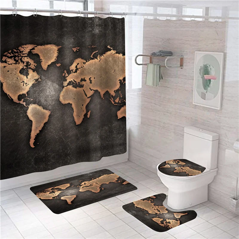 

World Map Print Shower Curtain Polyester Bathtub Screen Home Bathroom Decoration Bath Mat Set 3pcs/4pcs Set Curtains With Hooks