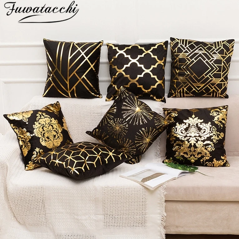 

Fuwatacchi Bronzing Cushion Cover European Diamond Black Gold Foil Linen Pillow Cover for Home Chair Sofa Decorative Pillows