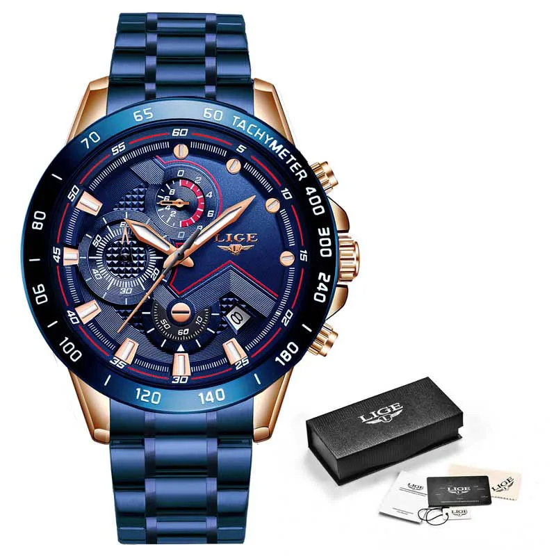 All blue LIGE новые часы мужские водонепроницаемые часы с ремешком из нержавеющей стали Кварцевые наручные часы военные часы с хронографом мужские модные спортивные часы - Цвет: All blue