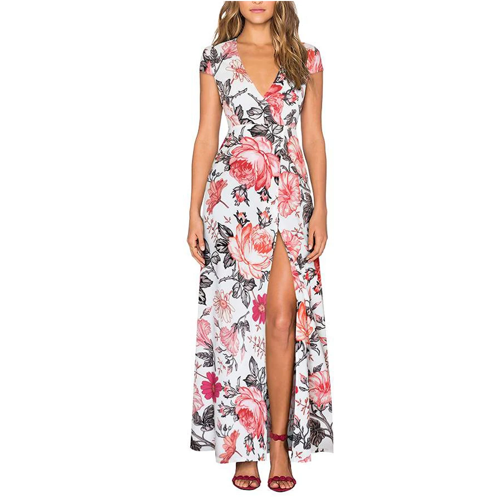 Летнее женское модное повседневное сексуальное платье с цветочным принтом и v-образным вырезом, Элегантное Длинное Платье макси с коротким рукавом длиной до щиколотки EA098