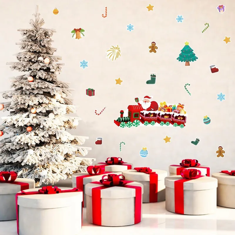 

New Christmas Wall Stickers Living Room Children's Room PVC Cartoon Graffiti Creative Train Santa Claus Snowflake Sticker