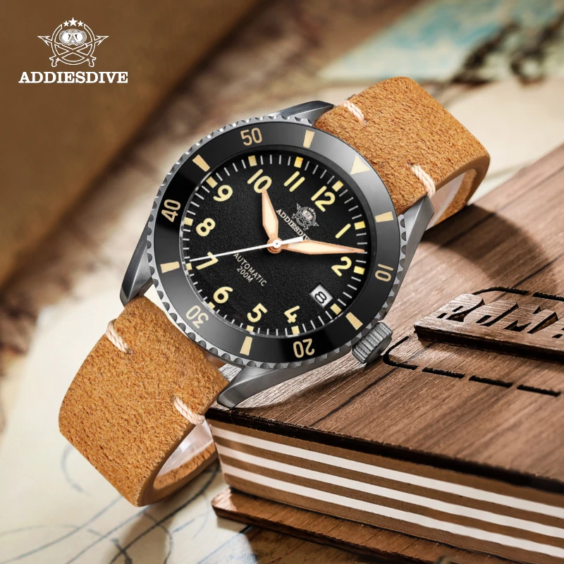 

Addies Dive Men's Diver Watch Ceramic Bezel Retro Brown Leather Band Luminous Watch Sapphire NH35 Automatic Mechanical Watch
