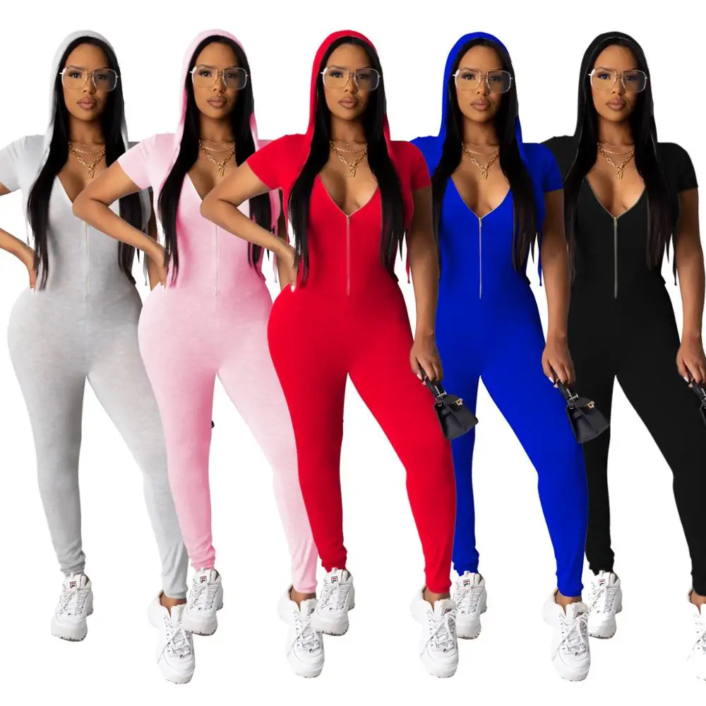 

Sexy leotard short sleeve V neck elegant jumpsuit summer casual short sleeve hooded activewear