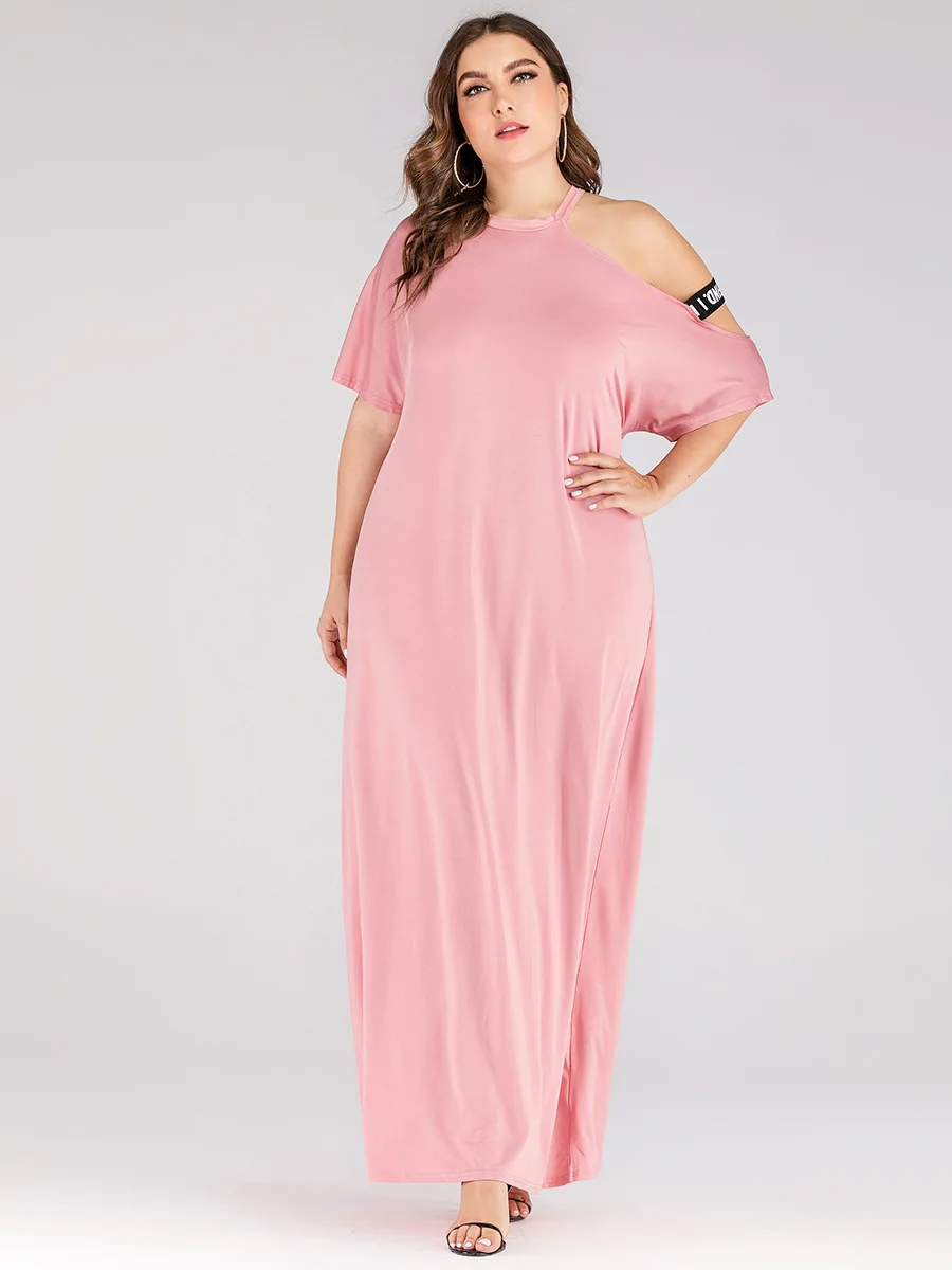 Платье женское длинное размера плюс повседневное элегантное свободное розовое