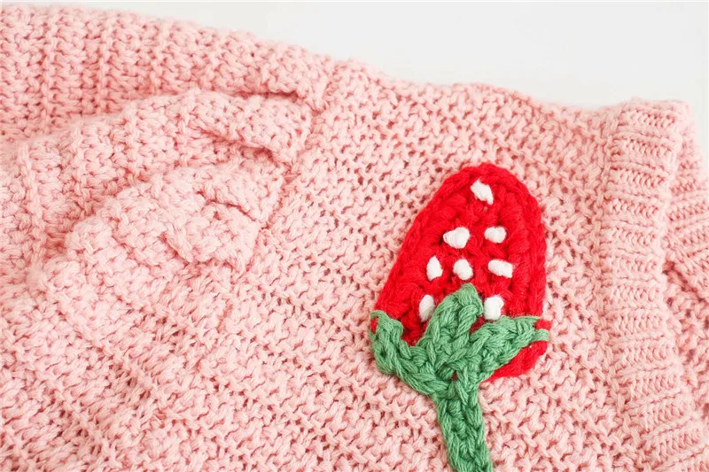 Women 2020 Sweet Fashion Strawberry Applique Knitted Sweater Vintage O Neck Puff Sleeve Female Pullovers Chic Tops | Женская одежда
