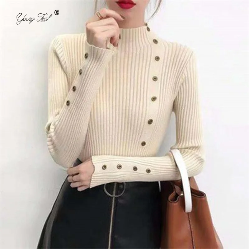 

Knitted Half High Collar Pullover Women Elastic Slim Soft Autumn Sweater Patchwork Button Long Sleeve Knitted Female Solid Tops