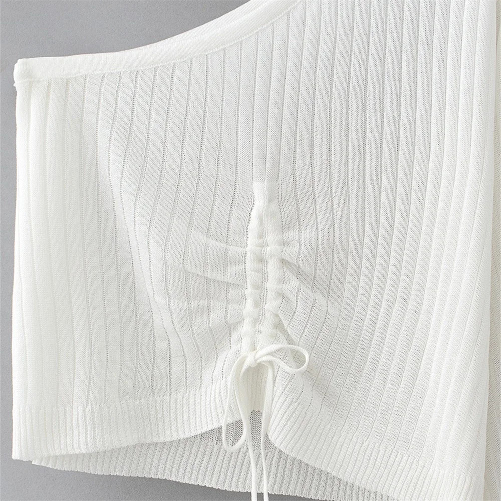 

2020 summer women's new shoulder design niche clavicle long-sleeved drawstring thin bottoming shirt