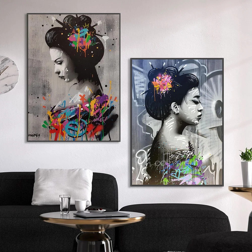

Japanese kimono woman Canvas Paintings Colorful Graffiti Art Portrait Posters and Print Wall Art Pictures For Living Room Decor