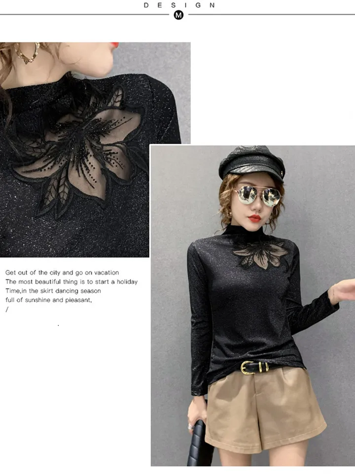 

Fall Winter T-Shirt Chic Sexy Patchwork Mesh Hollow Out Shiny Diamonds Women Tops Bottoming Shirt With Fleece Tees 2021 T16304A