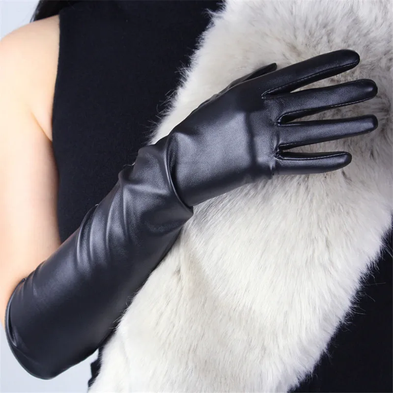 

Touchscreen Long Section Gloves 50cm 40cm Female Emulation Leather PU Black Warm Lined Touch Slim Hand Free Shipping PU82