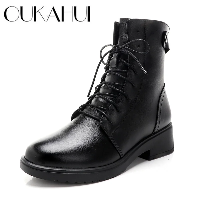 

OUKAHUI Size 35-43 Winter Warm Martin Boots Women Genuine Leather Mid Heel 4.5CM Plush Casual Lace-Up Short Boots Women Black