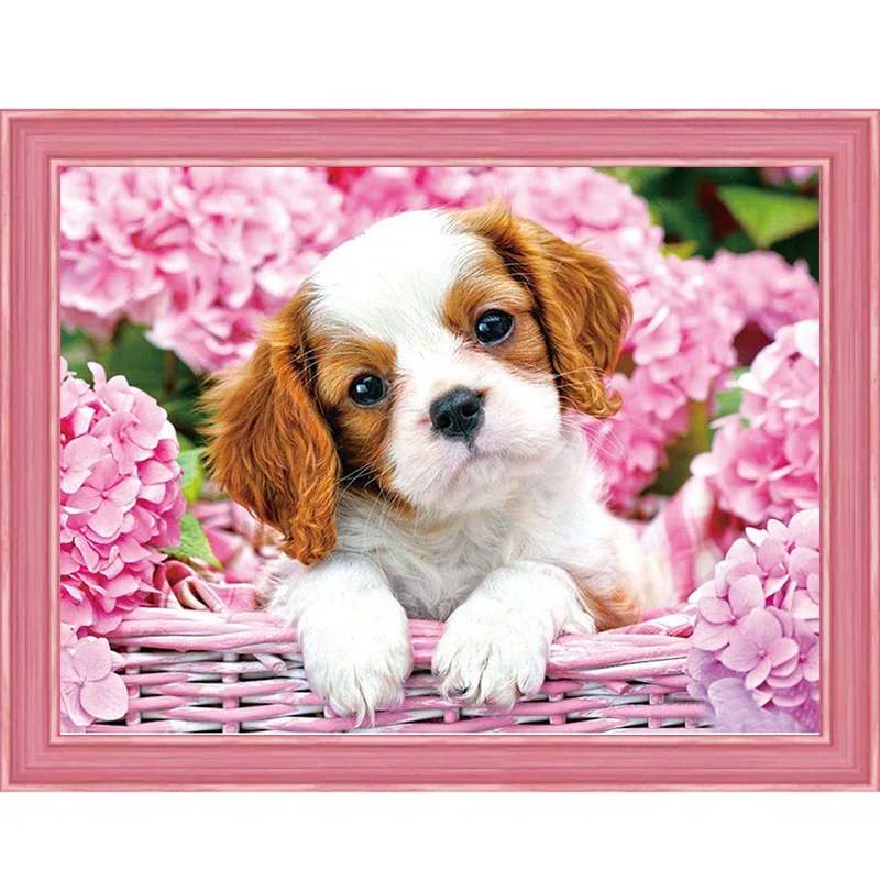 Полная квадратная/круглая дрель 5D алмазная живопись Щенок в цветочек вышивка