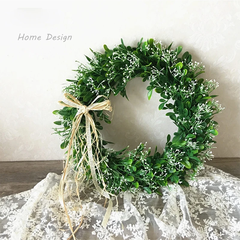 Искусственные зеленые листья венок 40 см входную дверь оболочки трава самшита для