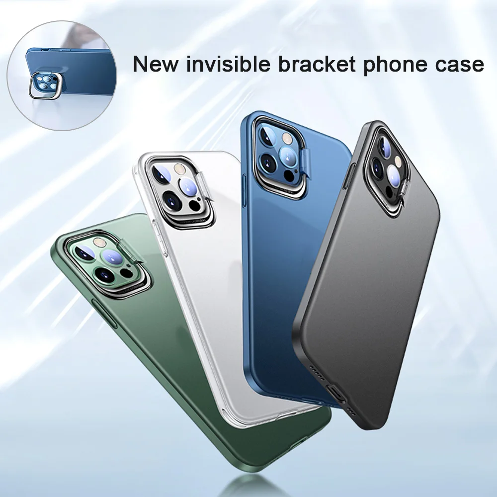 

Luxury Ultra Thin Metal Kickstand Phone Case For iPhone 12 Hard PC Shockproof Clear Cover Funda Coque Holder