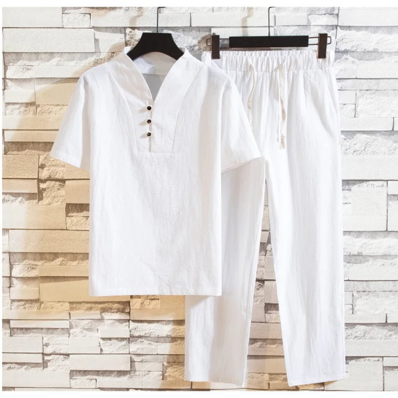 

2021Summer Fashion Men Shirt Man Cotton And Linen Shirts Short Sleeve Men's Casual Shirts Men Size M To 5XL(Shirt + Trousers)