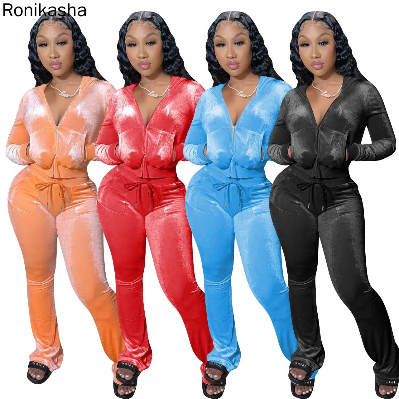 

Ronikasha Fall Casual 2 Piece Outfits Velvet for Women Matching Sets Tracksuit Lady Sweatsuits Zipper Tops Pants Suits
