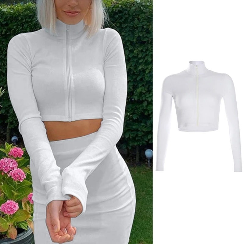 

Women Long Sleeve Turtleneck T-Shirt Full Zip Ribbed Solid Slim Crop Top Coat M5TE