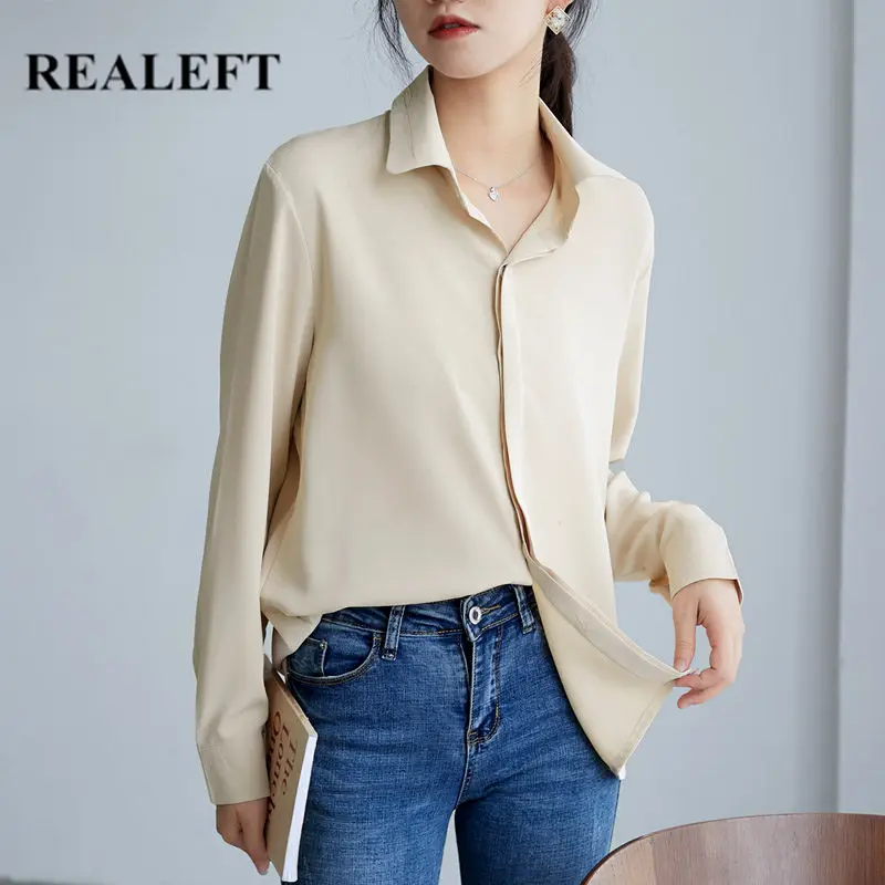 

REALEFT 2020 New Spring Autumn Chiffon Korean OL Style Women's Shirt Blouse Tops Long Sleeve Turn-Down Collar Elegant Blouses