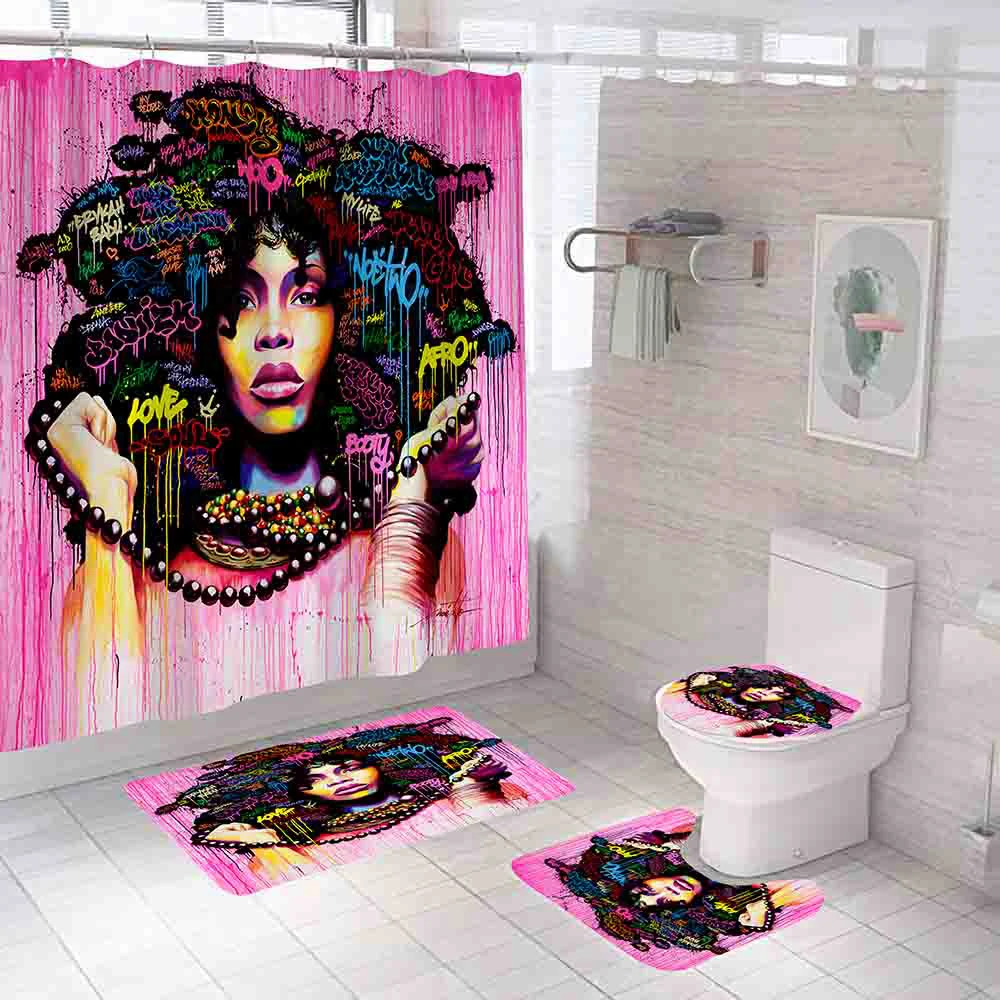 Комплект занавески для душа в афроамериканском стиле с граффити девушек и женщин