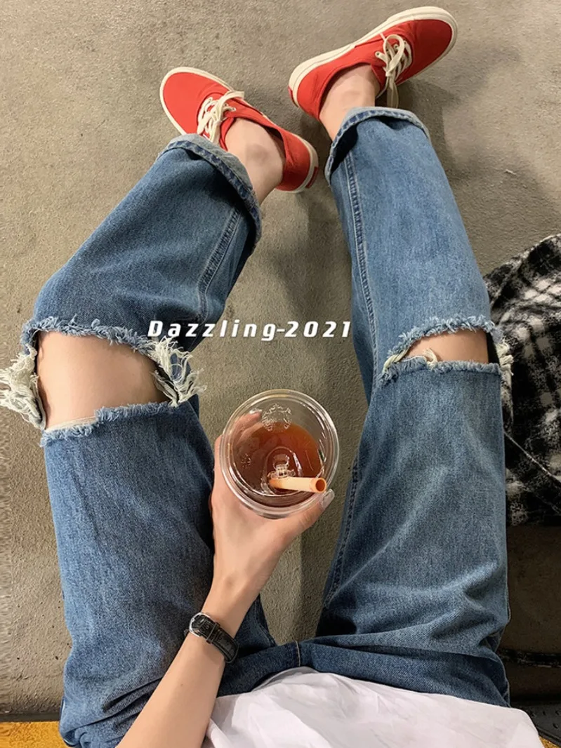 

Washed Ripped Jeans Women's Summer Thin High Waist Loose Straight Trousers Wide Leg Casual Loose Fashion New Style