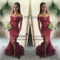2021 cranberry mermaid prom dresses off the shoulder split front sparkling sequin sexy burgundy tired skirts evening gown