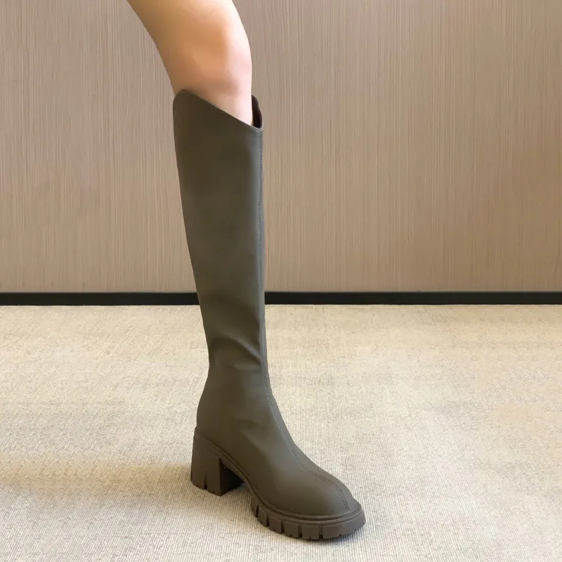 

Женские зимние сапоги до колена с круглым носком, на квадратном каблуке