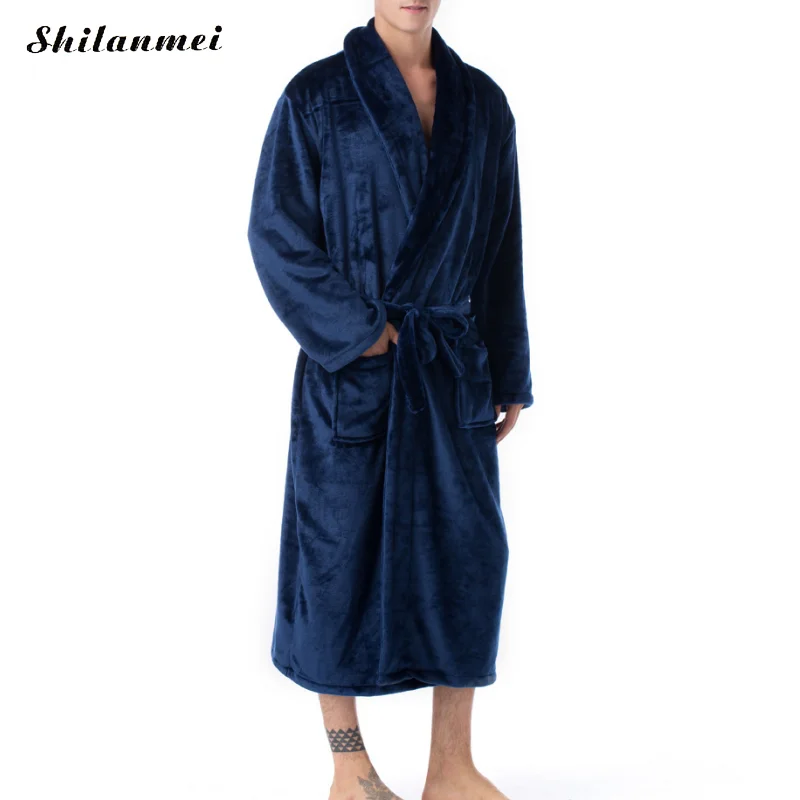 navy blue Повседневные мужские халаты фланелевый Халат отложной воротник длинный рукав мужской Халат плюшевый кимоно теплый модный мужской Халат пальто Черный Серый - Цвет: navy blue