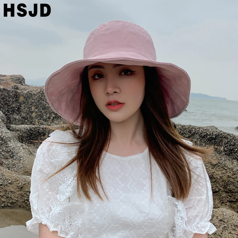 Double Sided Foldable Bucket Hat Summer Women Cotton Sun Hats Large Brim Anti-UV Beach Cap Female Holiday Floppy Caps Bonnet
