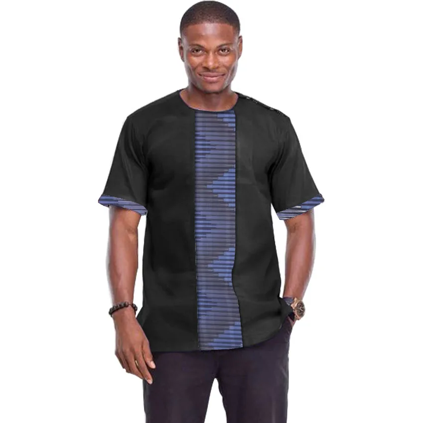 

Summer African Fashion Short Sleeve Men's Tops Black Patchwork African Print Shirts Male Dashiki