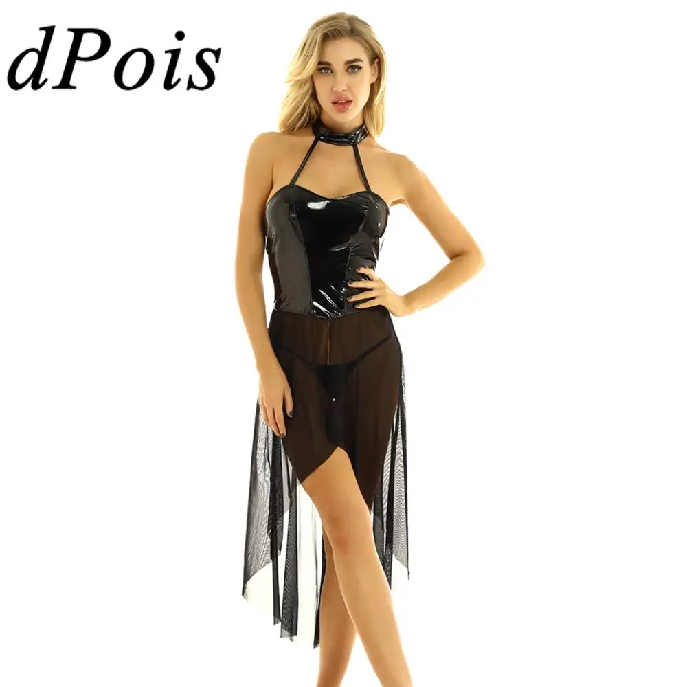 Женское сексуальное платье из прозрачной сетчатой ткани длинное лакированной