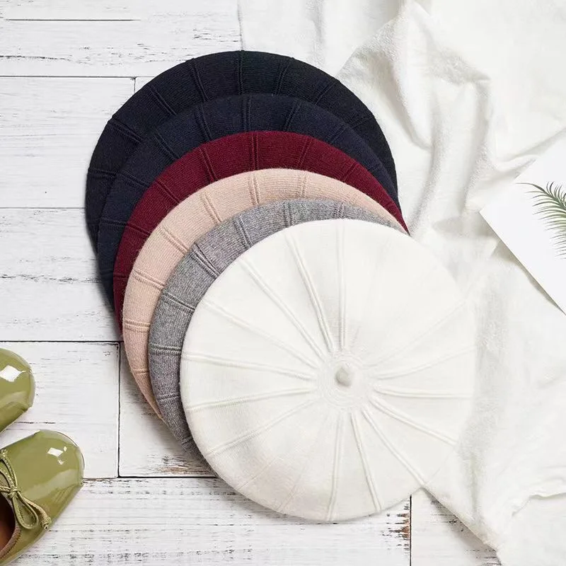 

2021 New Reversible Beret Knit Cashmere Beanie for Women Girls Camel Red Classic Slouchy Painter Hat White Warm Winter Hat