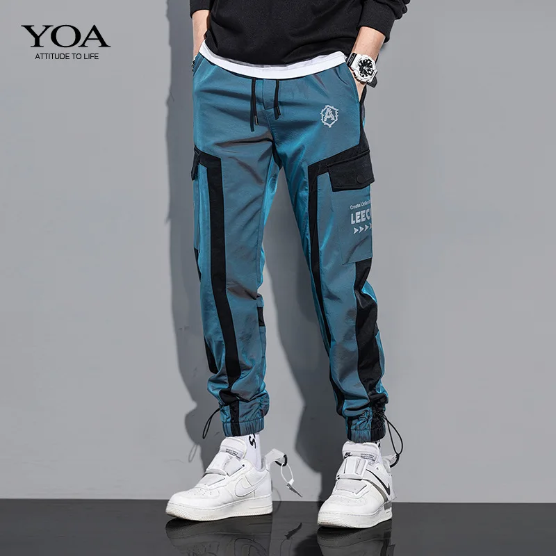 

YOA&Lee Cooper Reflective Striped Cargo Pants Men's Casual Loose Streetwear Male Jogger Fashion Trouser Sweatpants